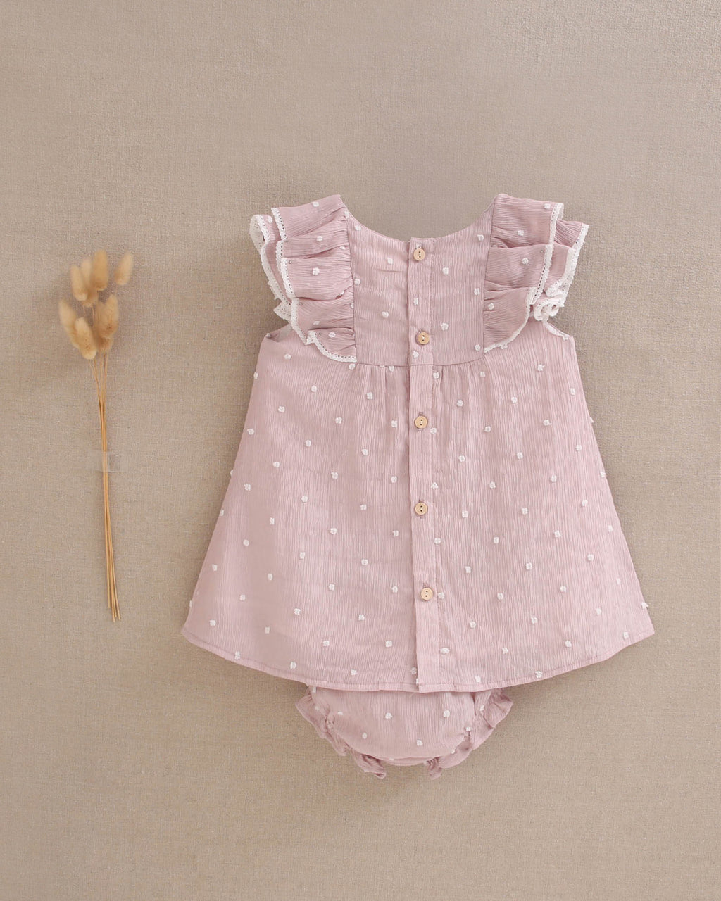 Vestido bebé niña plumeti rosa con mini topitos