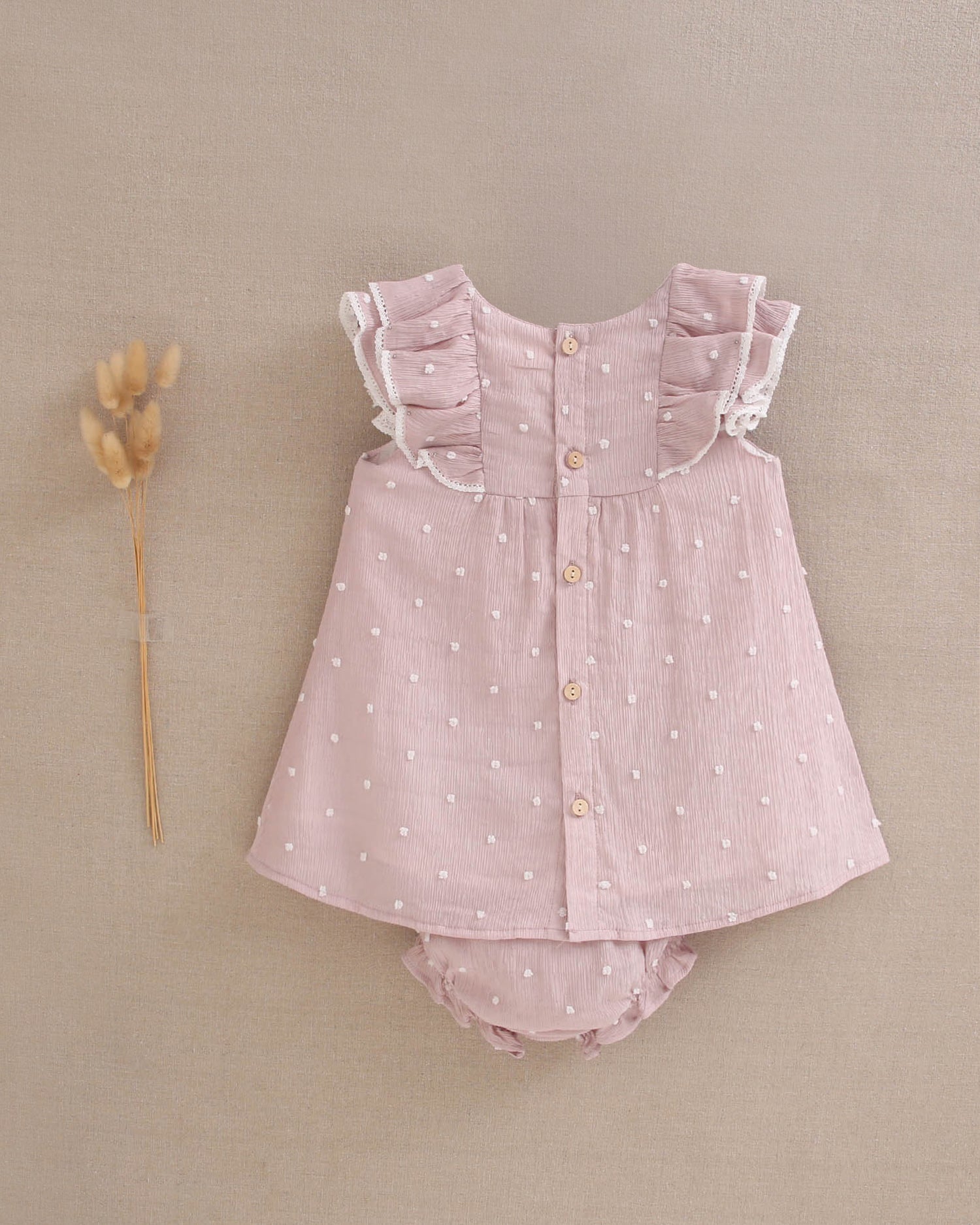Vestido bebé niña plumeti rosa con mini topitos