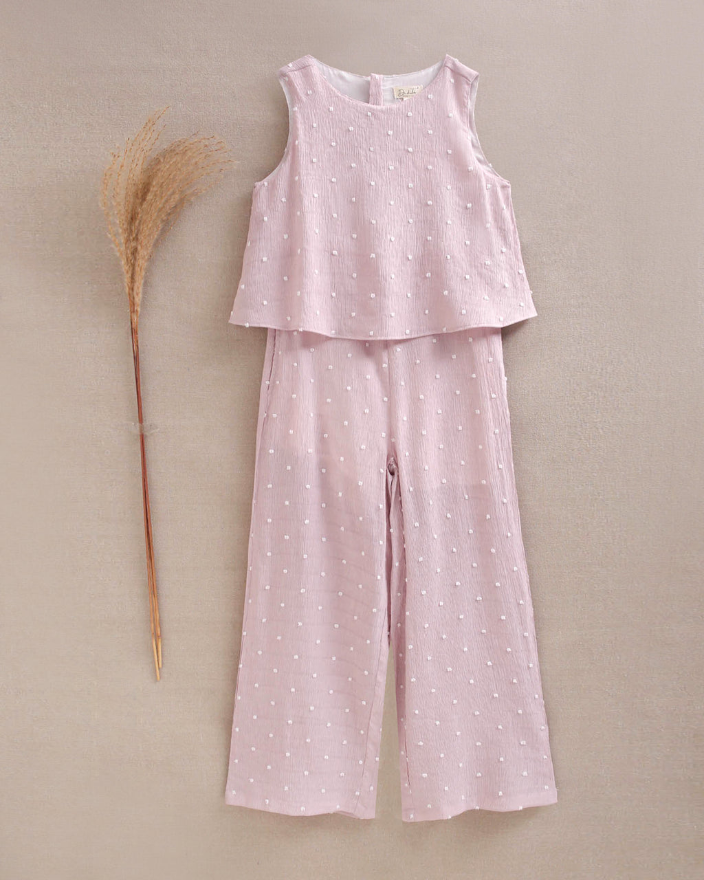 Enterito niña largo color rosa con mini topitos blancos