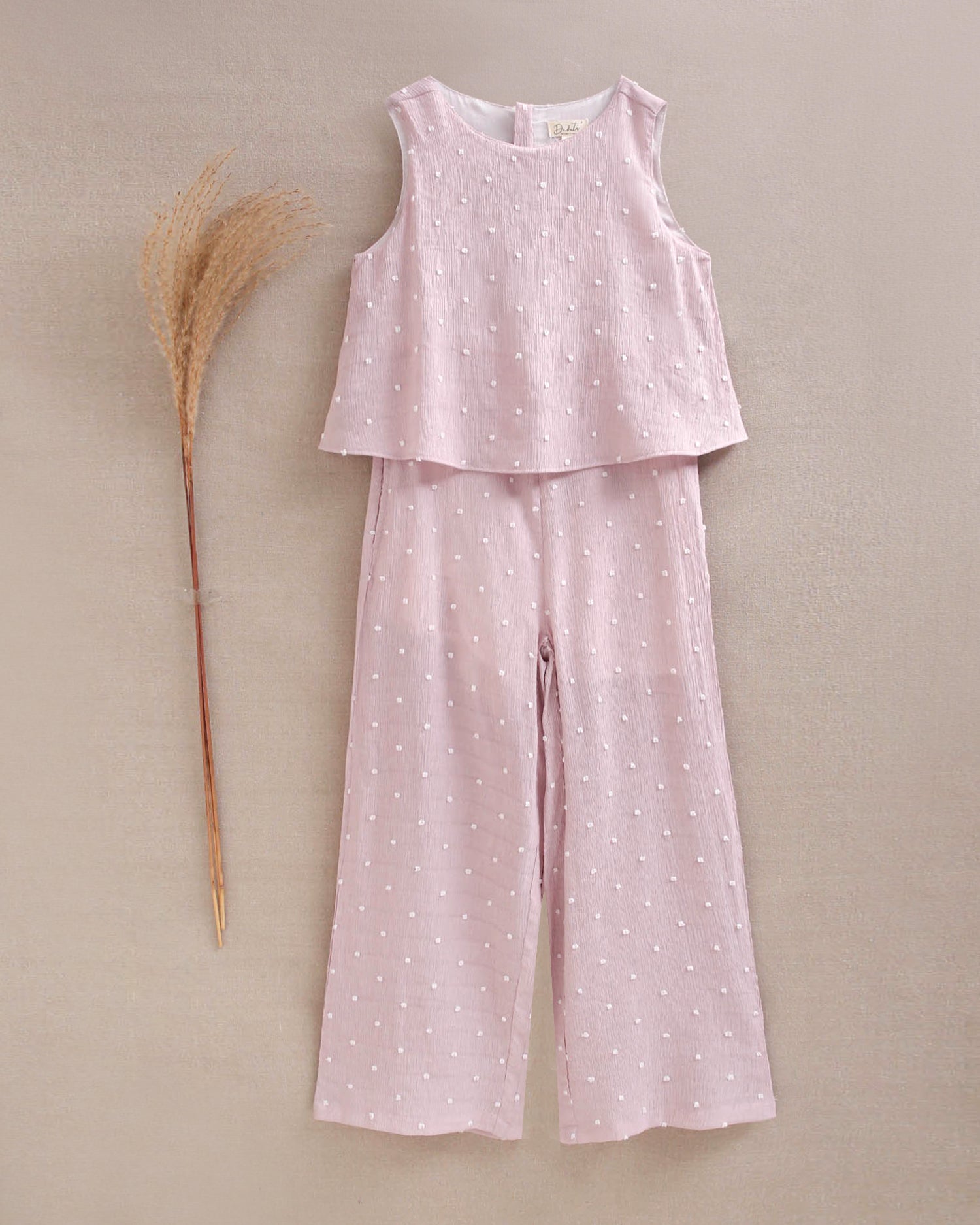 Enterito niña largo color rosa con mini topitos blancos