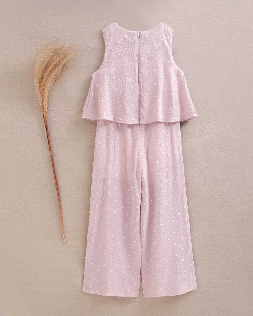 Enterito niña largo color rosa con mini topitos blancos