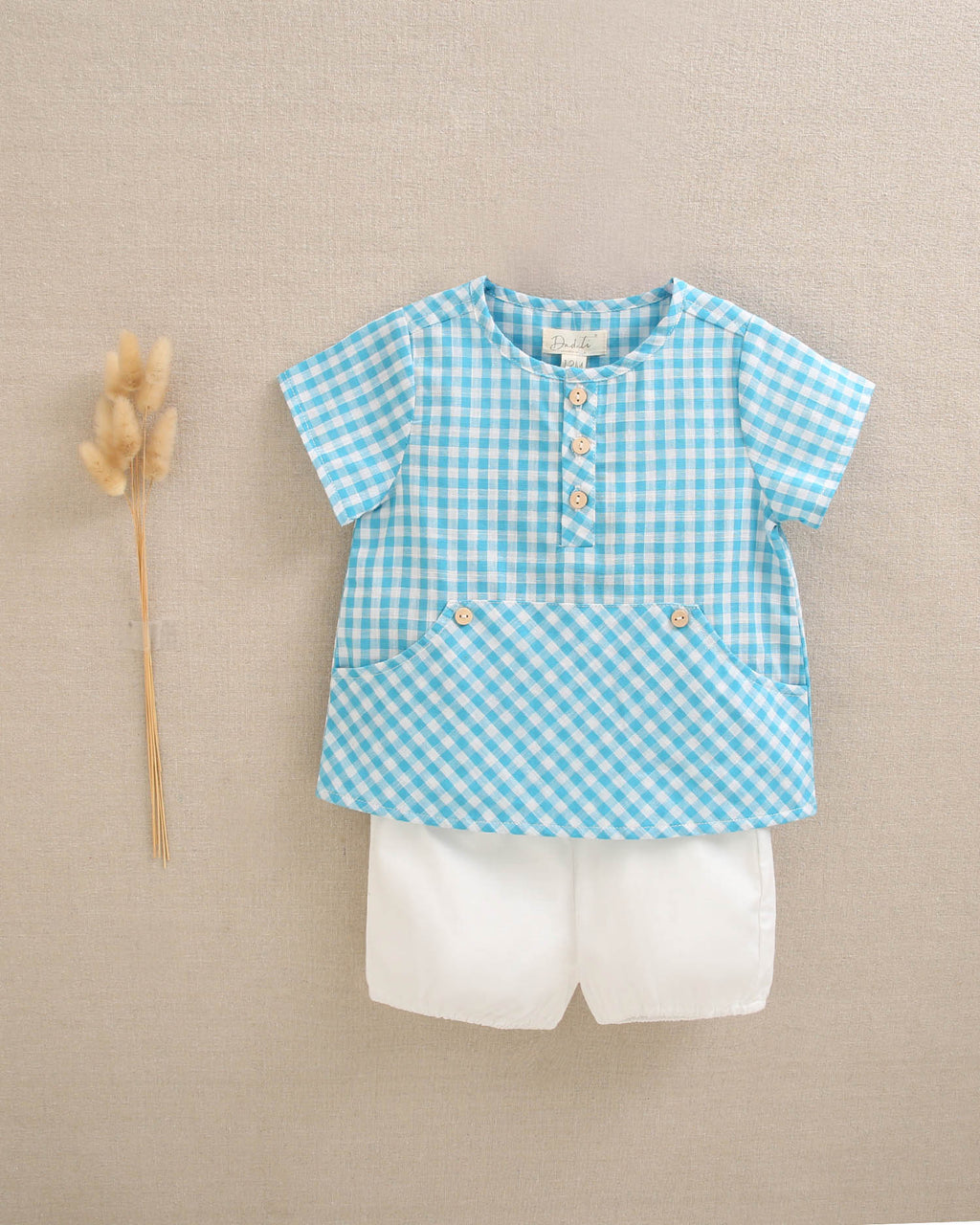 Conjunto bebé niño camisa de cuadros vichy turquesa y short blanco