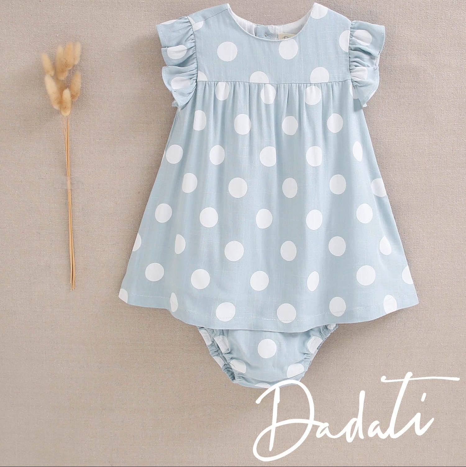 Vestido bebé niña celeste con lunares blancos
