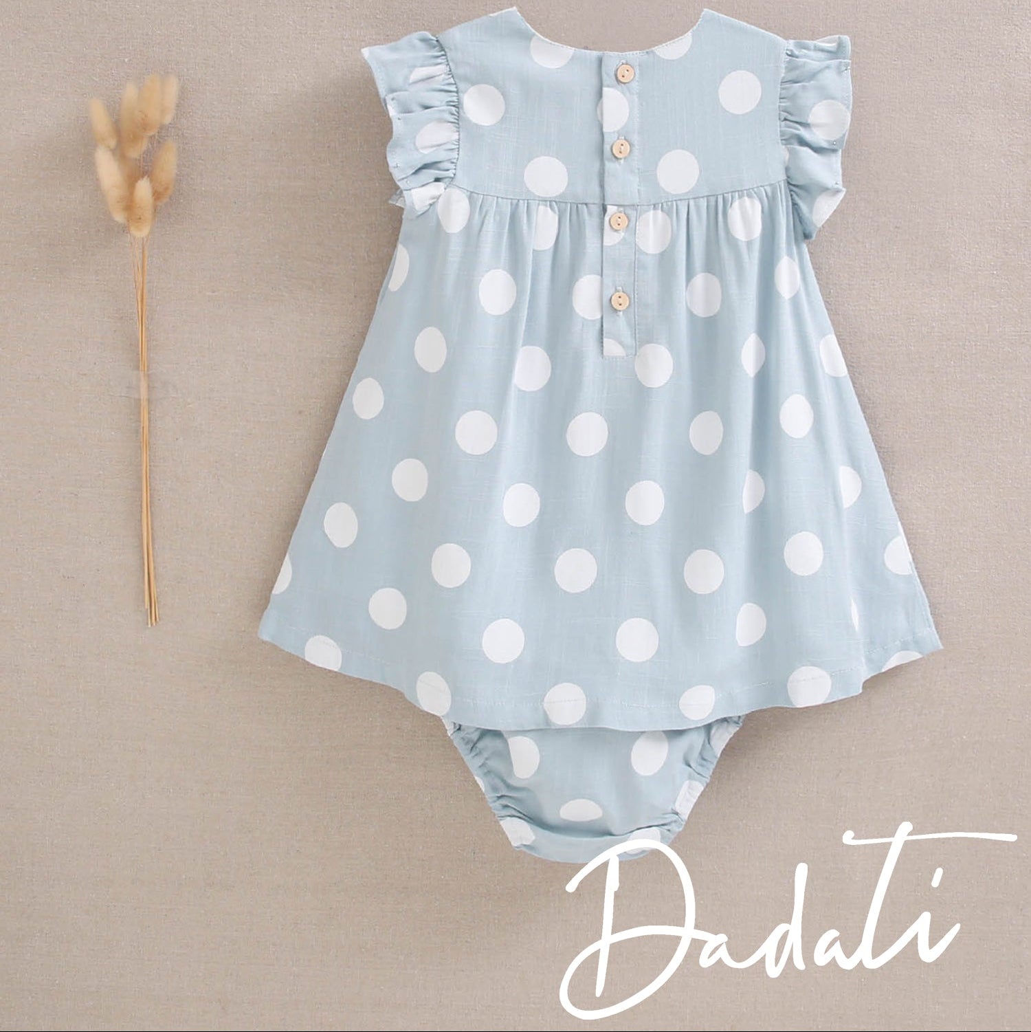 Vestido bebé niña celeste con lunares blancos