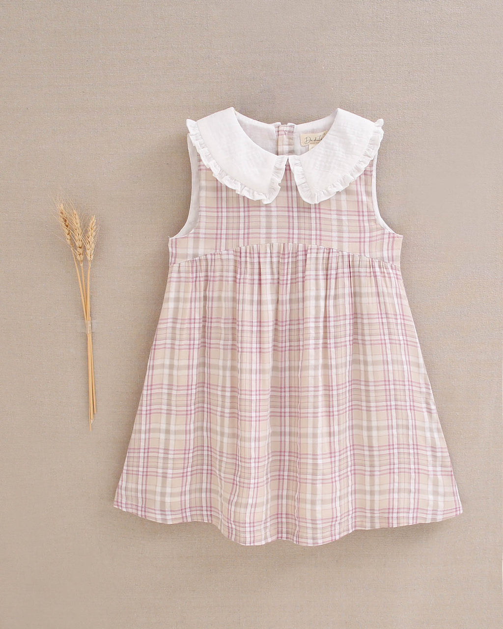 Vestido niña de cuadros rosas, marrones y blancos y cuello blanco