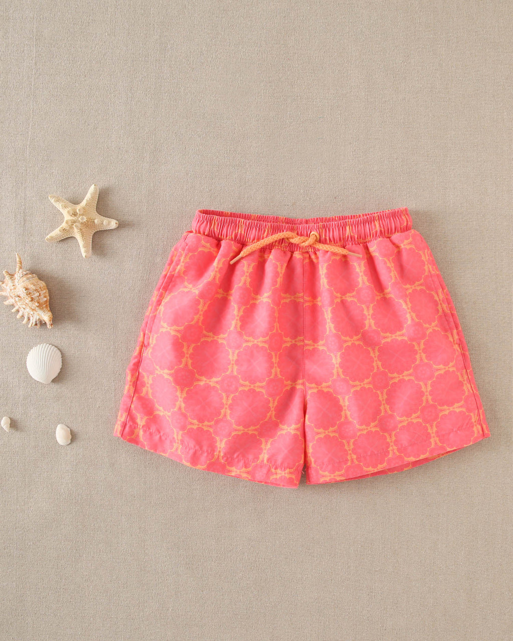 Traje de baño niño estampado retro fucsia y cordones naranja