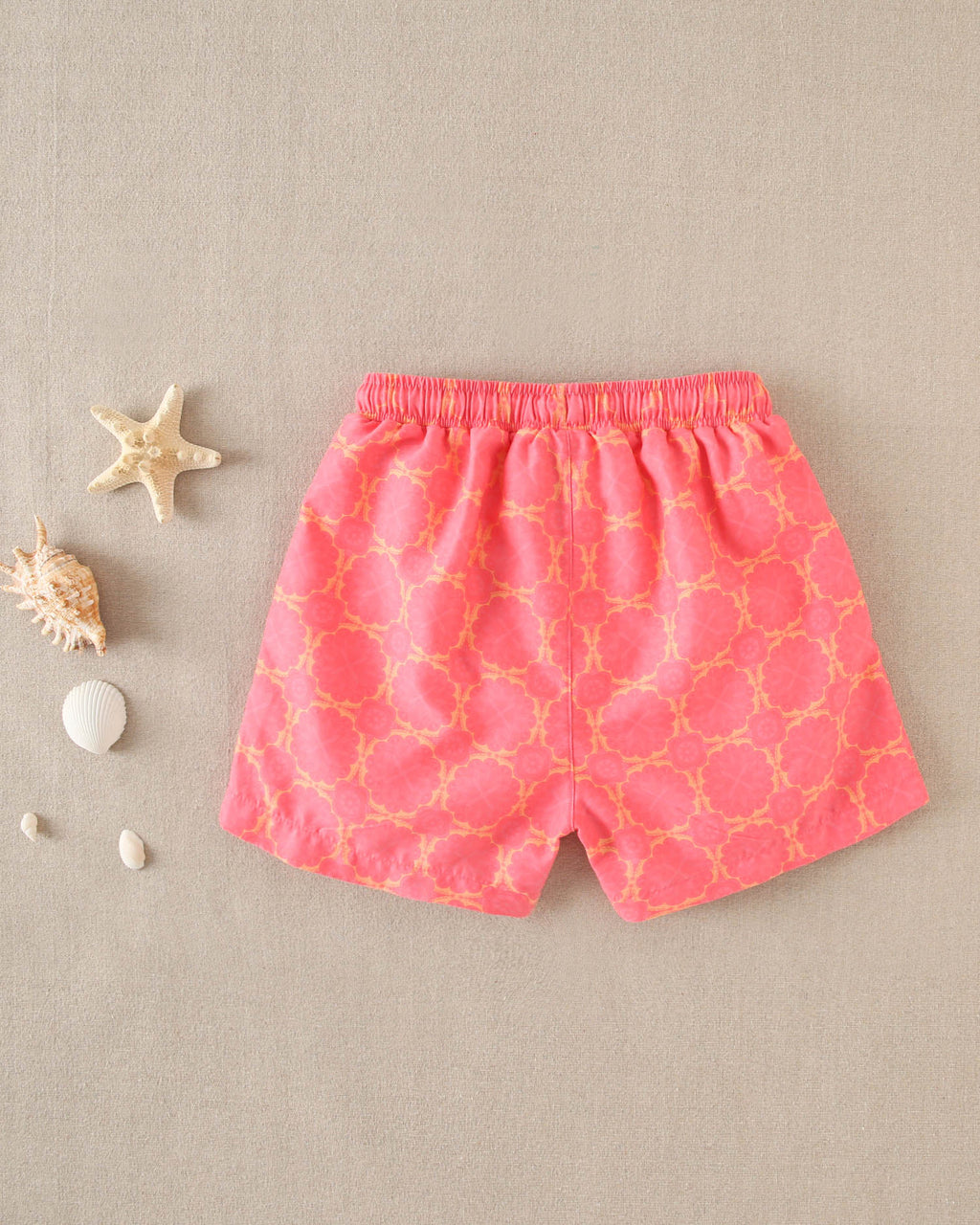 Traje de baño niño estampado retro fucsia y cordones naranja