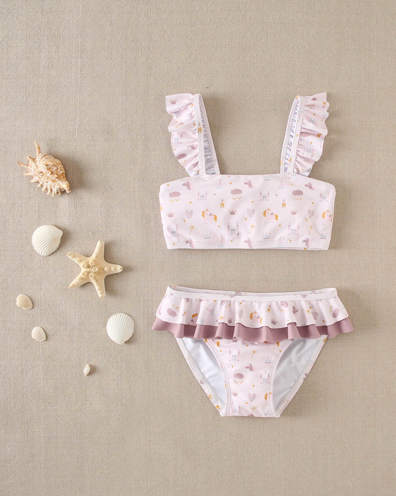 Traje de baño bikini rosada con calzon con vuelos