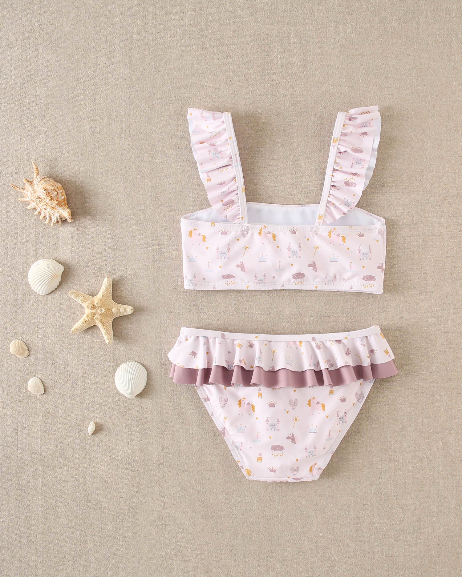 Traje de baño bikini rosada con calzon con vuelos