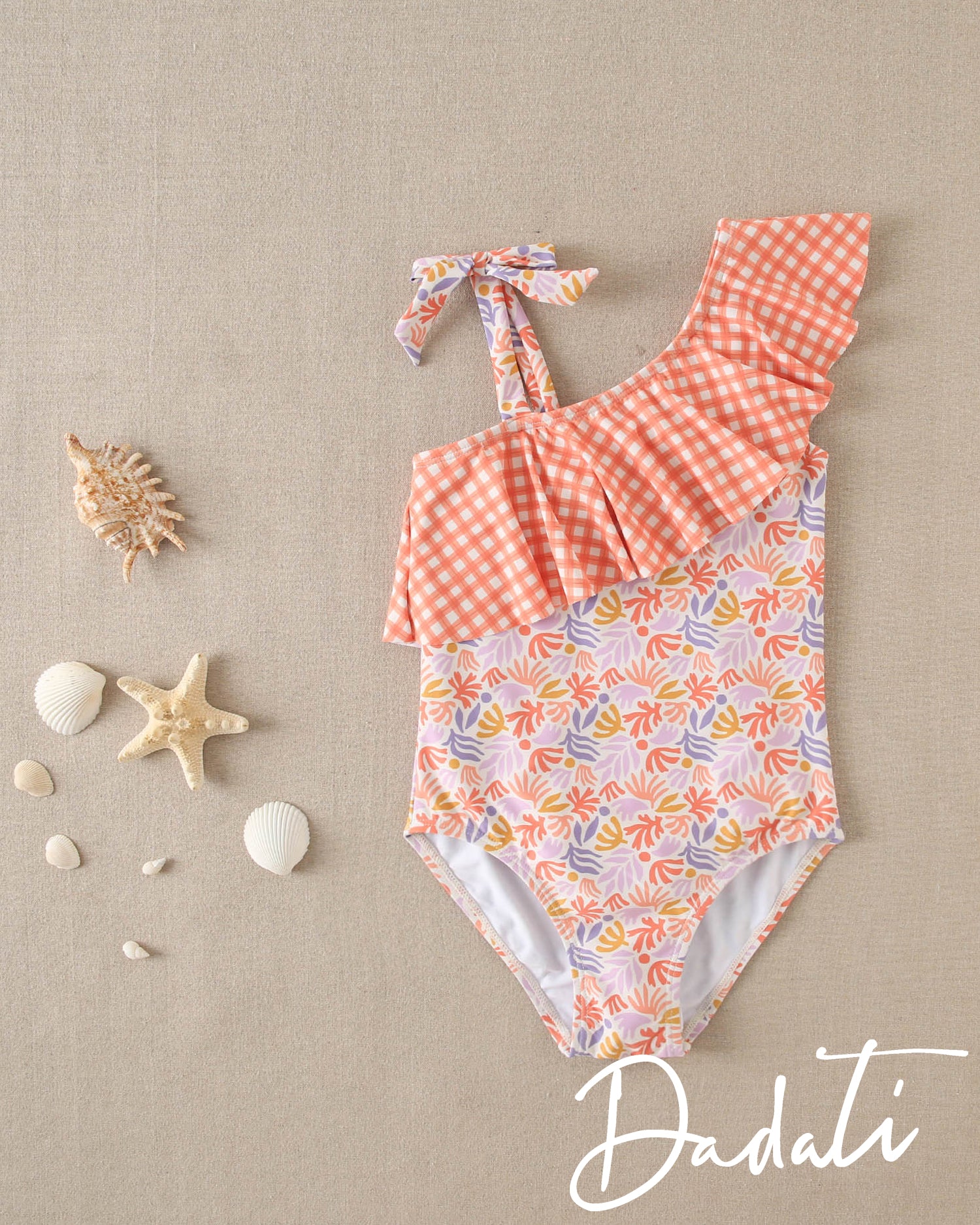 Traje de baño niña vichy coral con flores coral y lilas