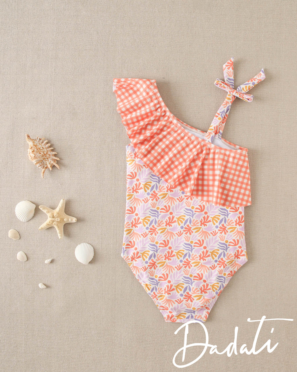 Traje de baño niña vichy coral con flores coral y lilas