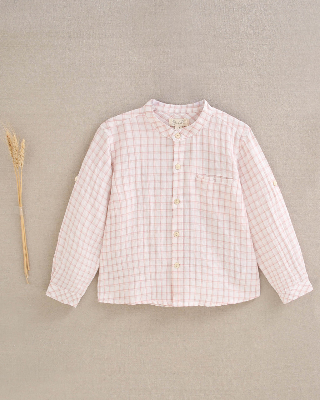 Camisa niño con cuadros rosa y blanco, con cuello mao