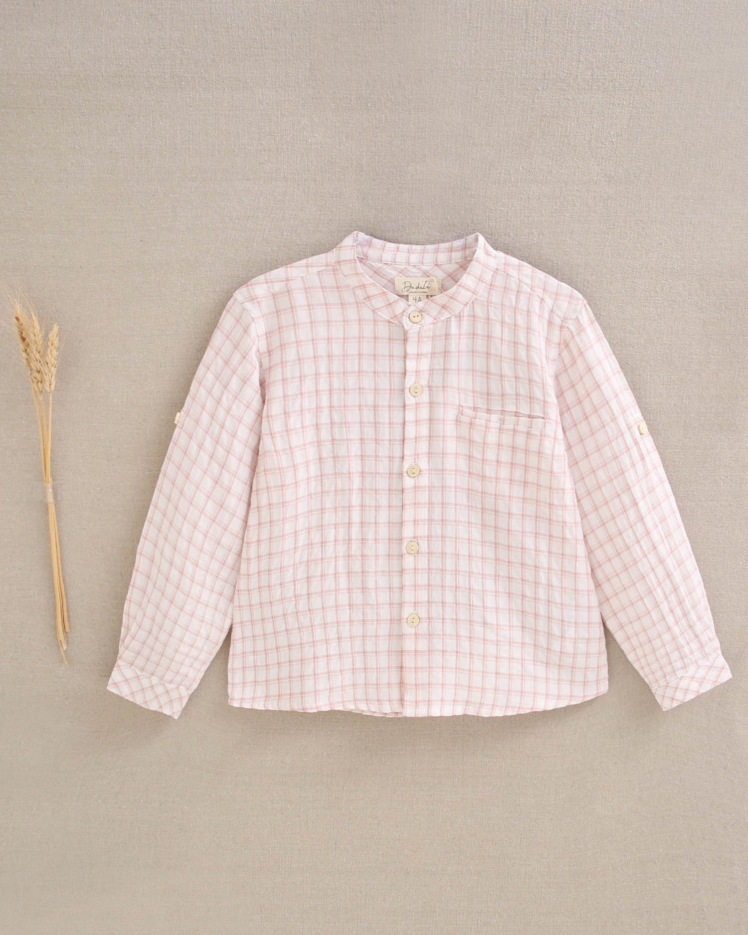 Camisa niño con cuadros rosa y blanco, con cuello mao