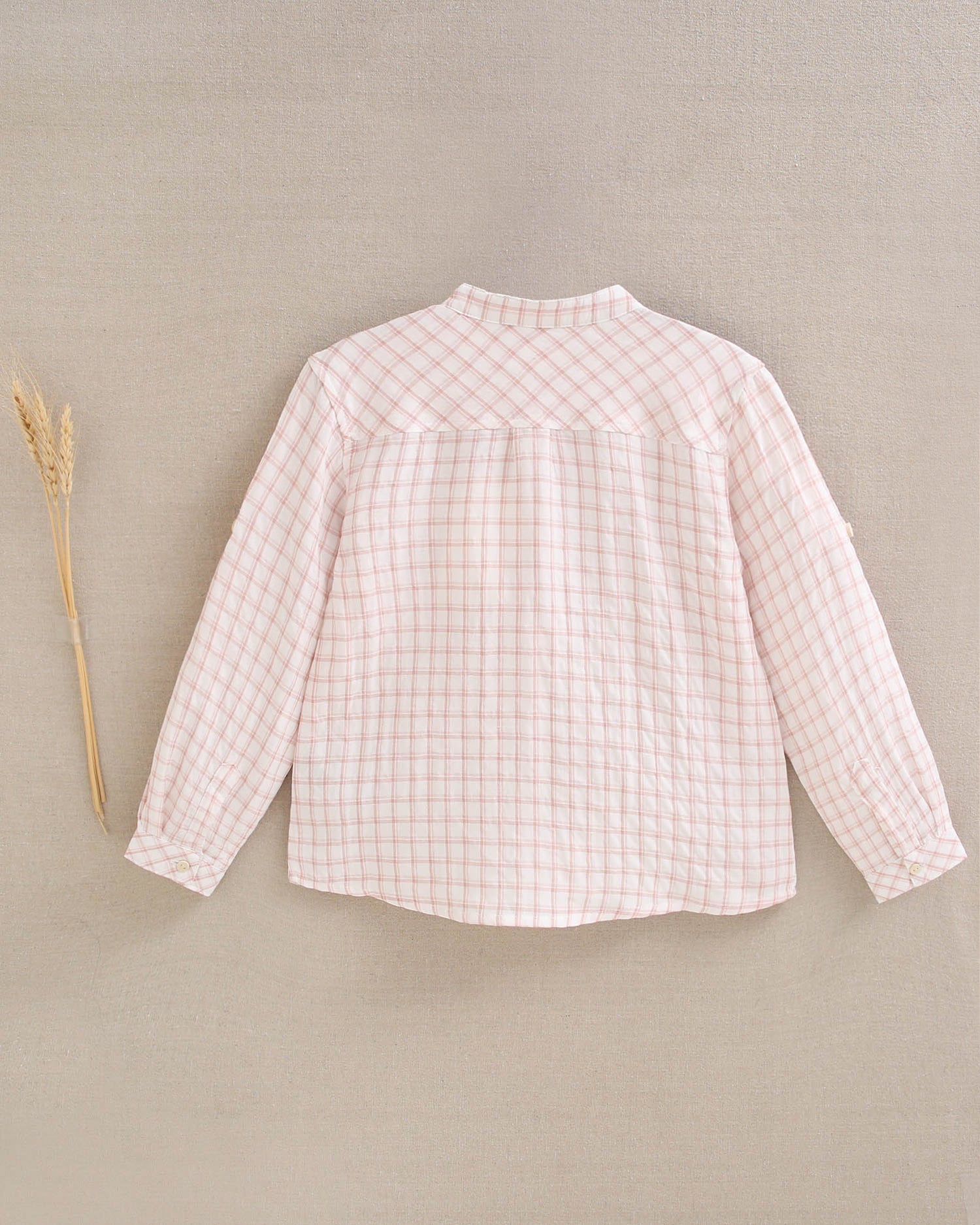 Camisa niño con cuadros rosa y blanco, con cuello mao