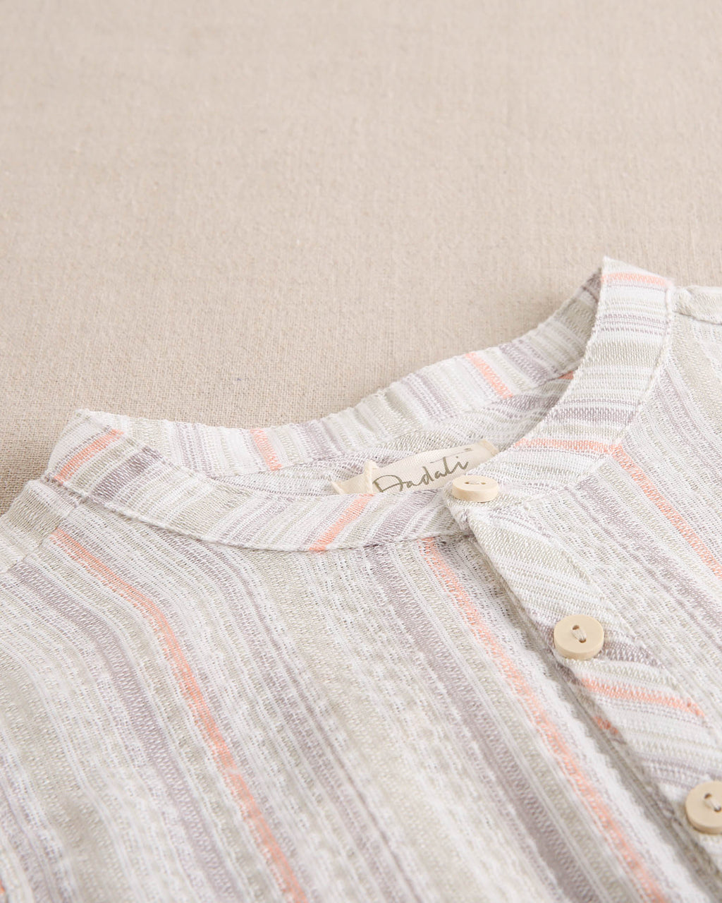 Camisa niño de rayas naranja, gris y verde, con cuello mao