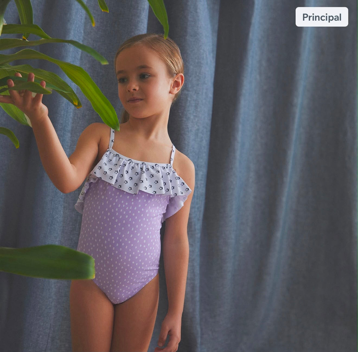 Traje de baño niña color lila con blanco
