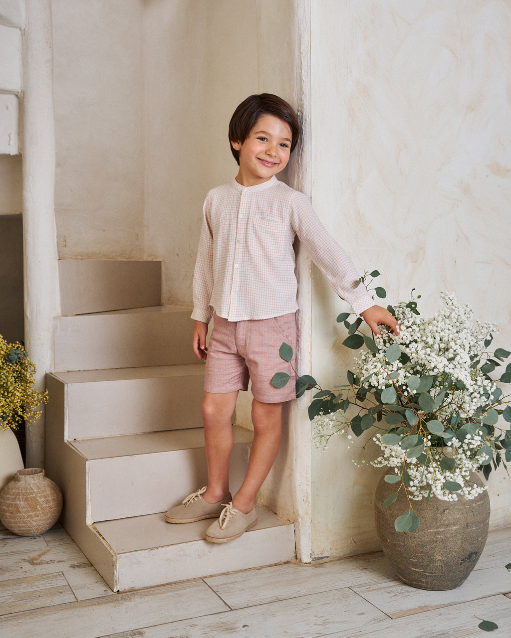 Camisa niño con cuadros rosa y blanco, con cuello mao