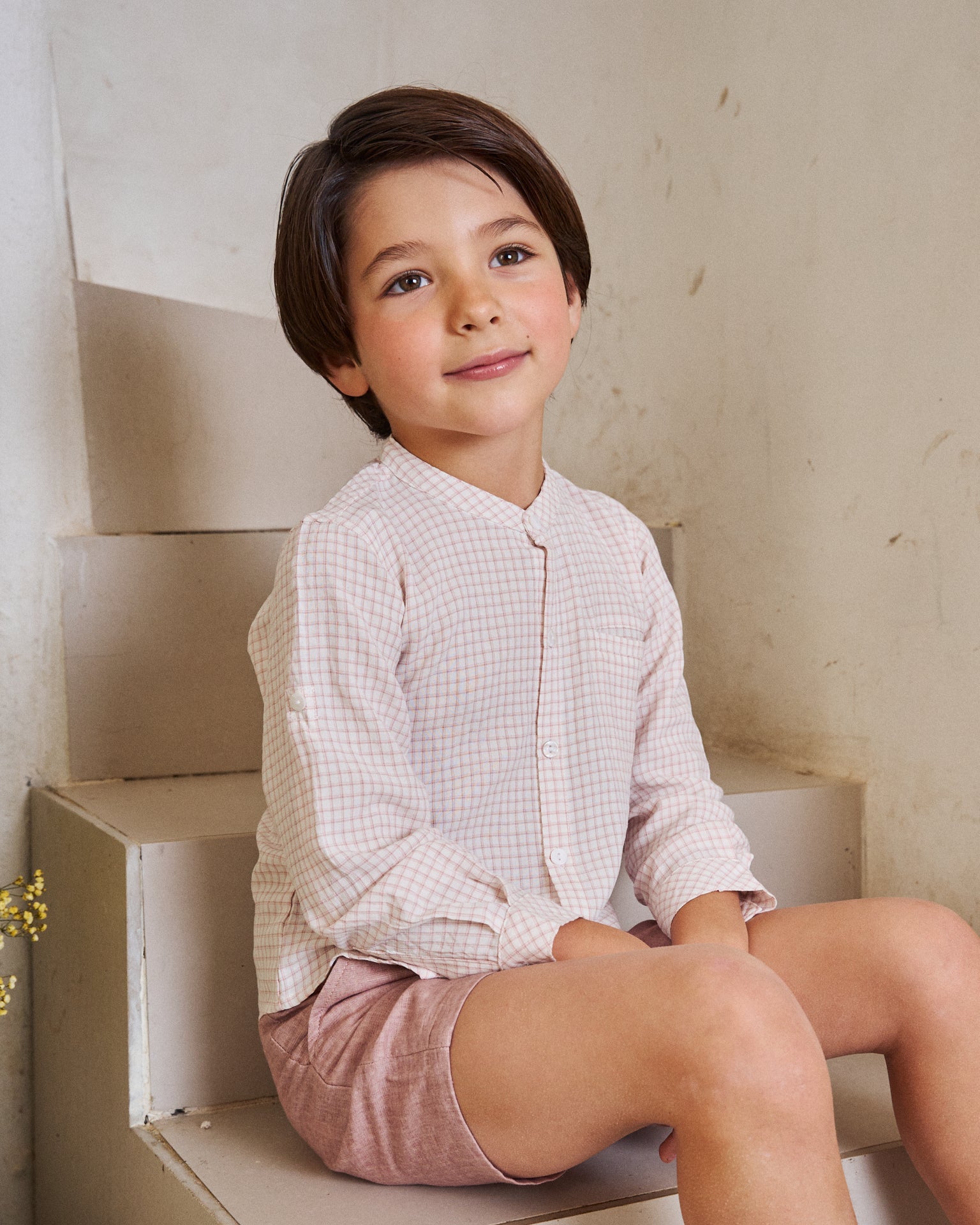Camisa niño con cuadros rosa y blanco, con cuello mao