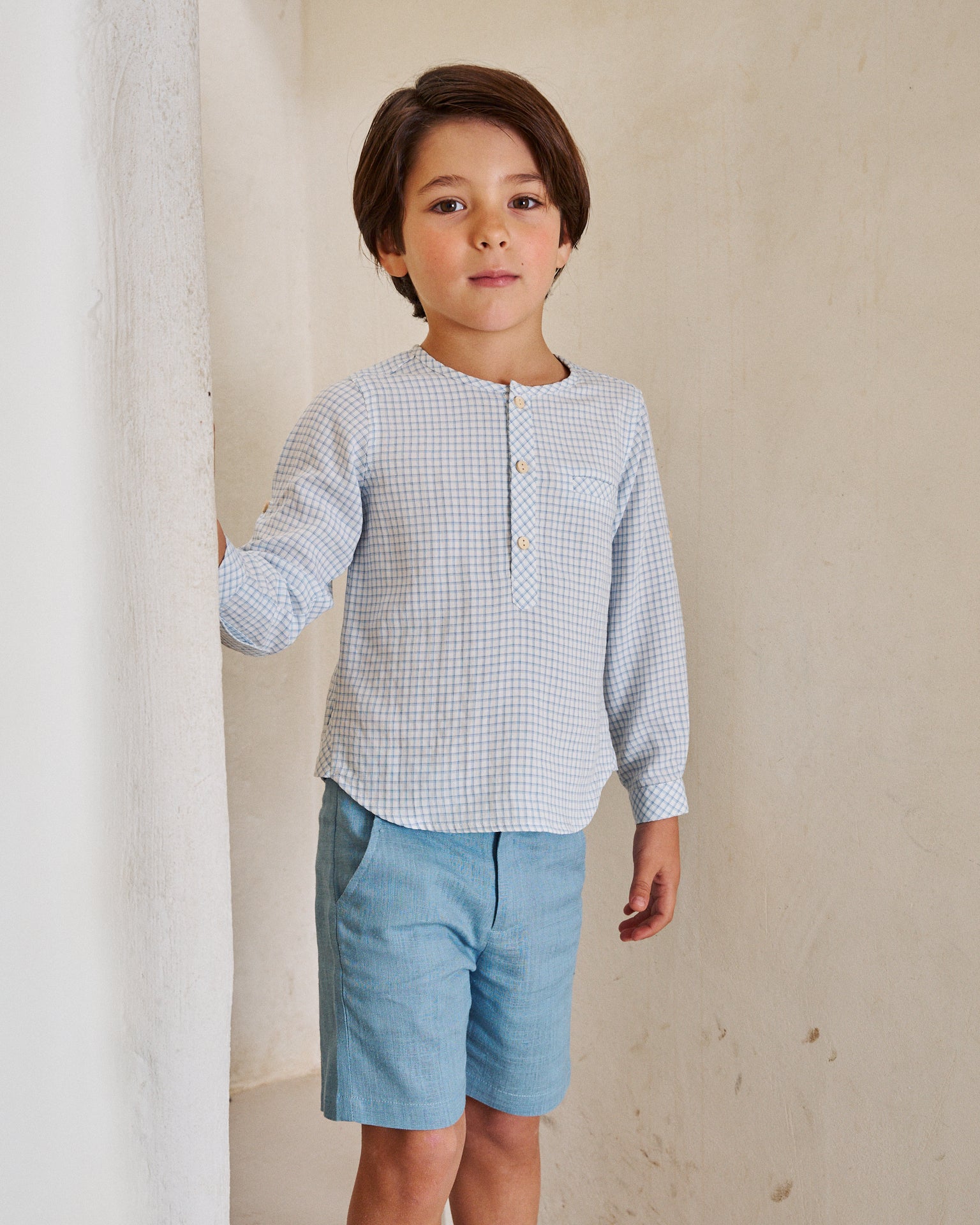 Camisa niño en cuadro vichy azul pastel