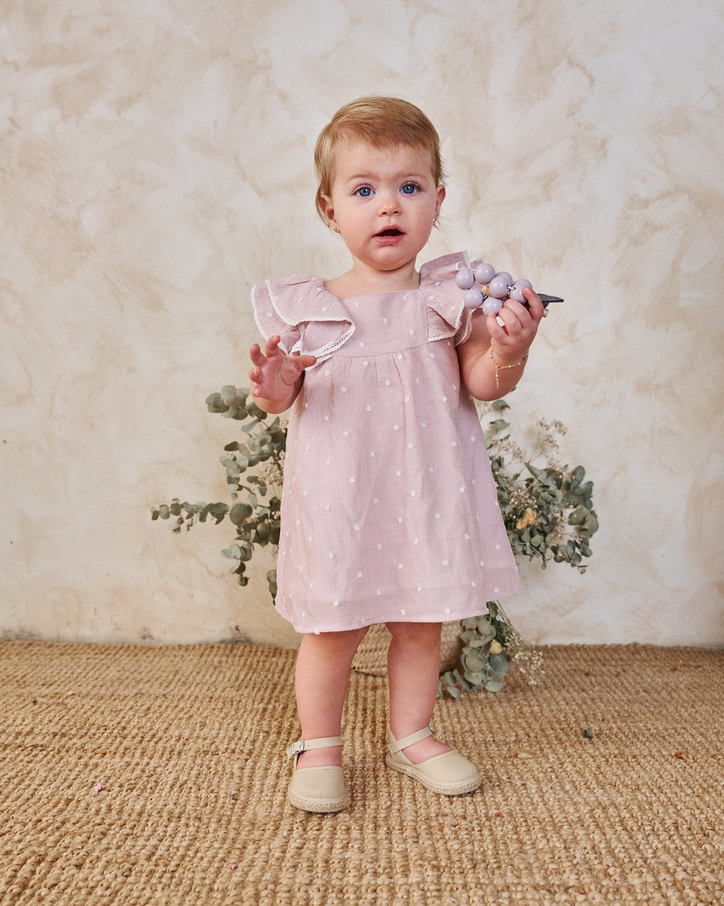 Vestido bebé niña plumeti rosa con mini topitos