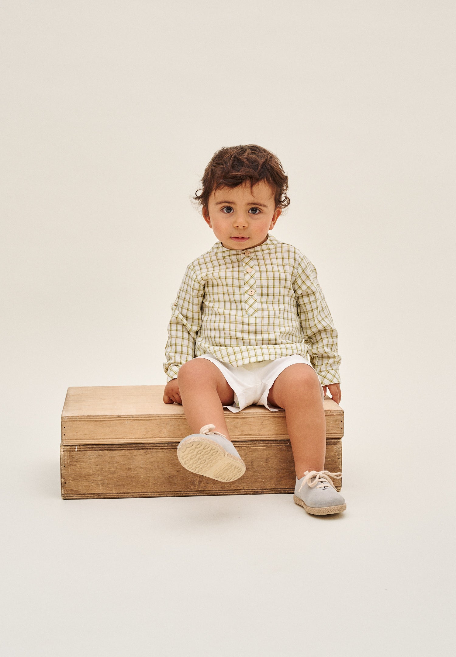 Conjunto bebé niño camisa vichy verde pistacho y short blanco