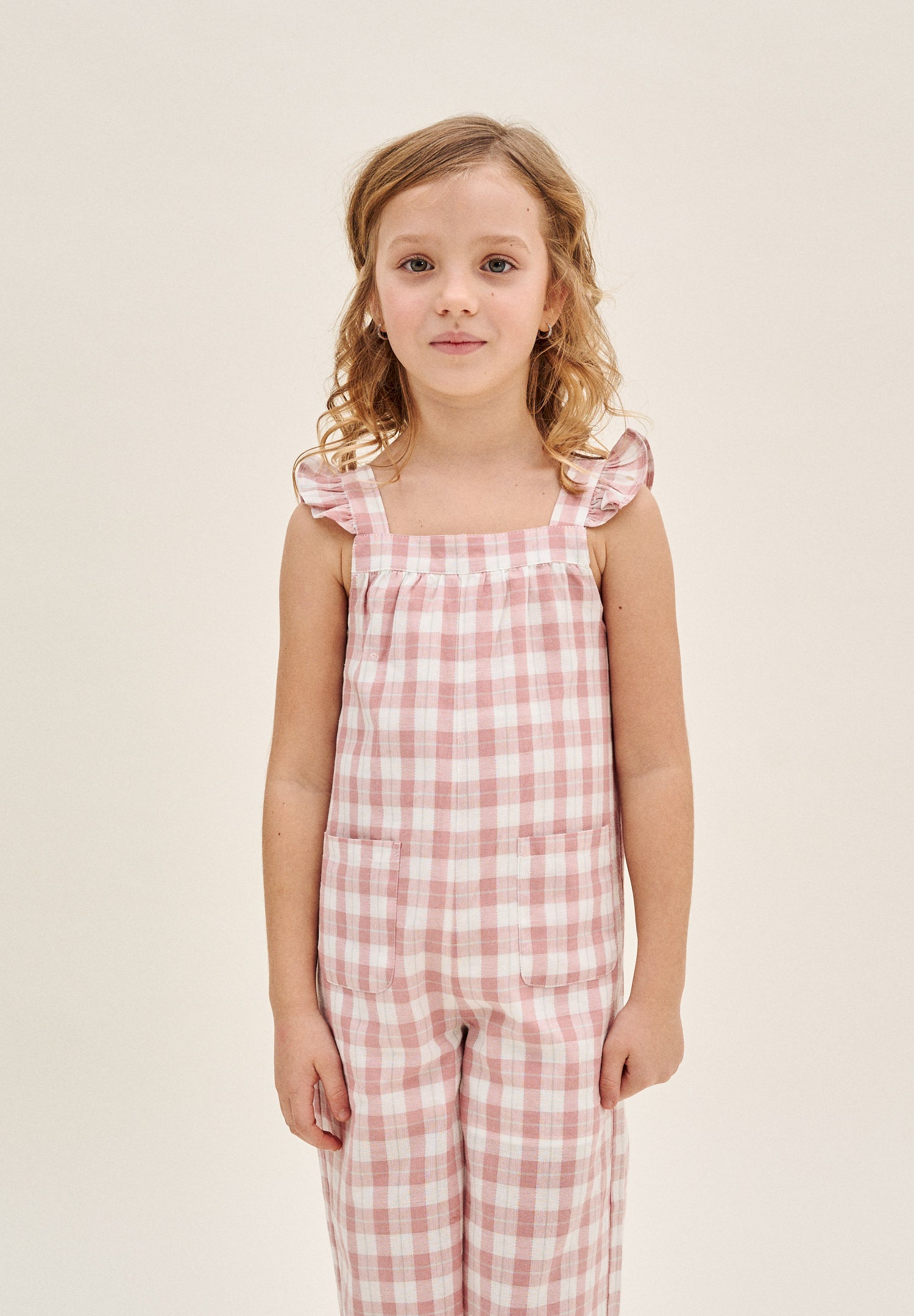 Enterito niña largo de cuadro vichy rosa con bolsillos