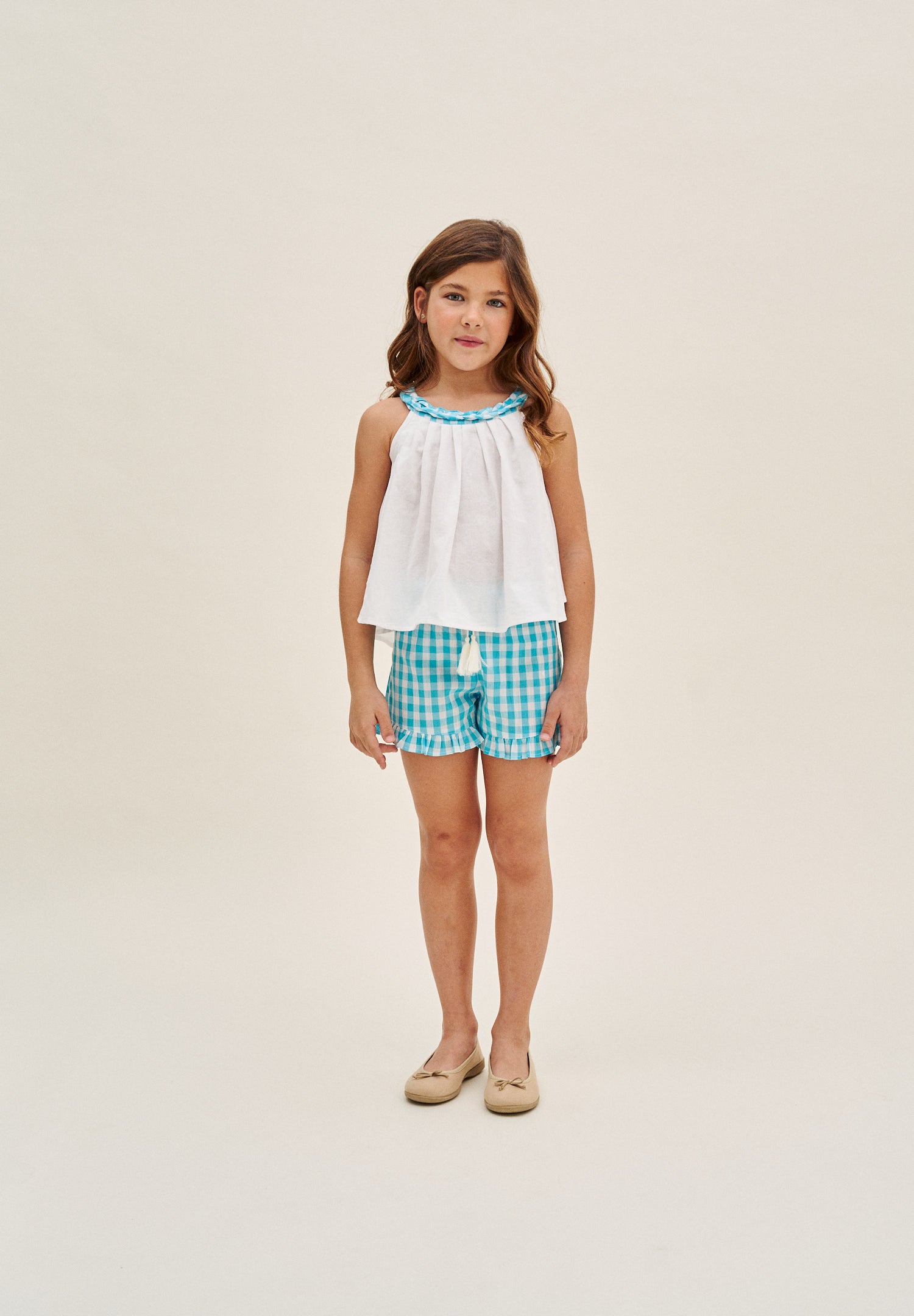 Short niña de cuadro vichy turquesa