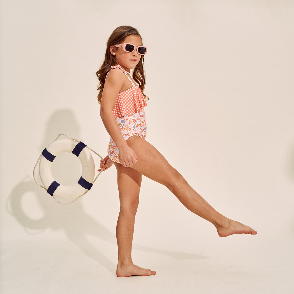 Traje de baño niña vichy coral con flores coral y lilas