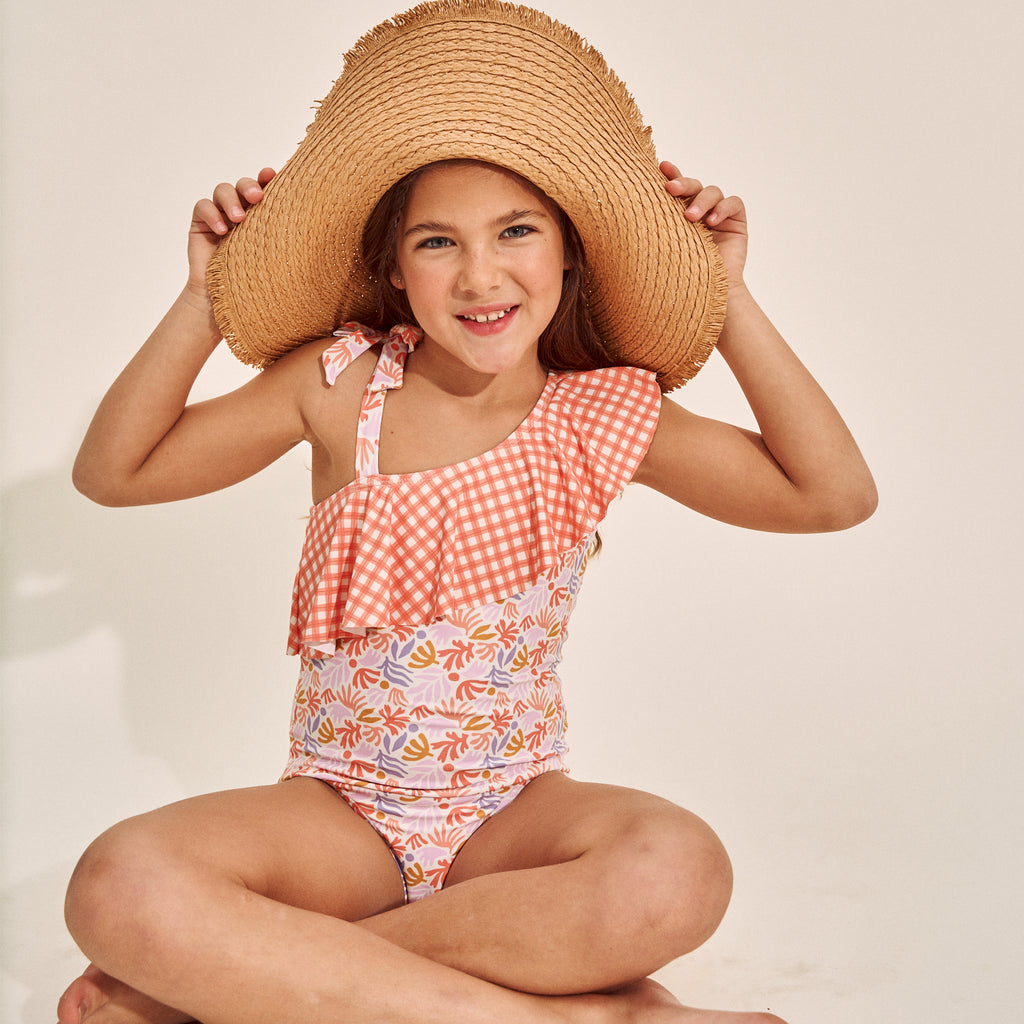 Traje de baño niña vichy coral con flores coral y lilas