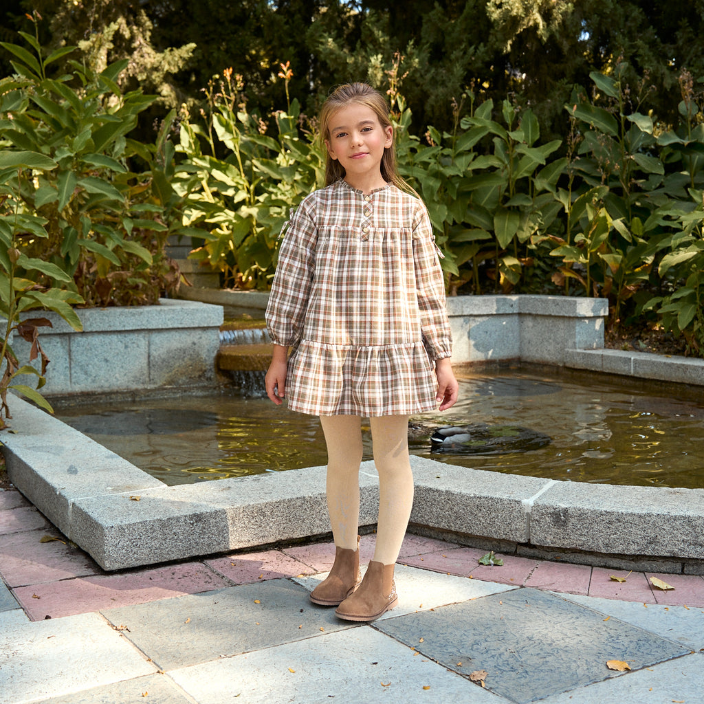 Vestido de niña de cuadros marrón y verde