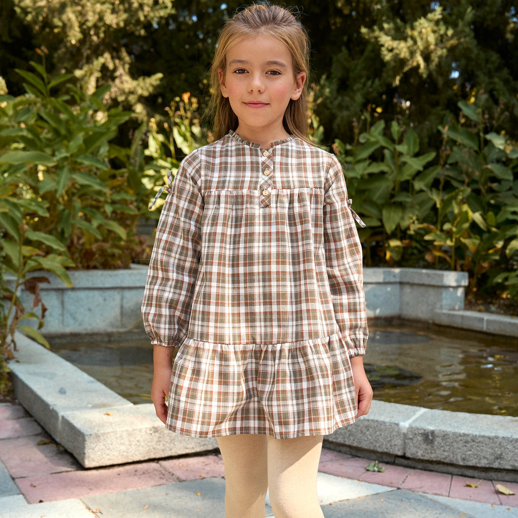 Vestido de niña de cuadros marrón y verde