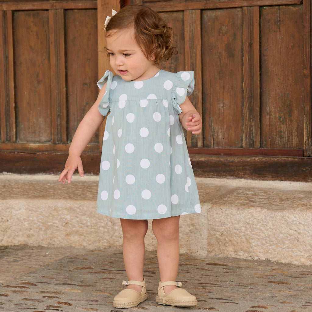 Vestido de bebé niña azul cielo con lunares blancos