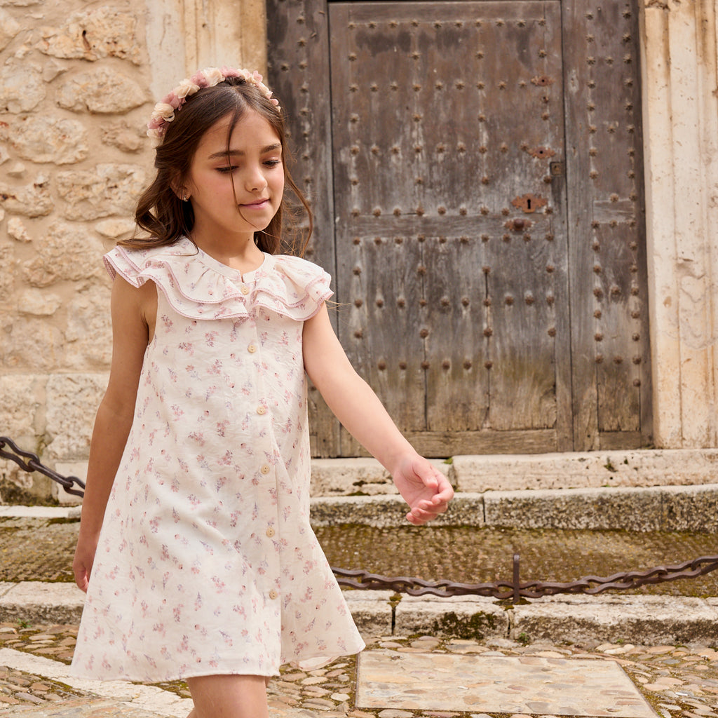 Vestido niña blanco con estampado floral de colores y mangas volante