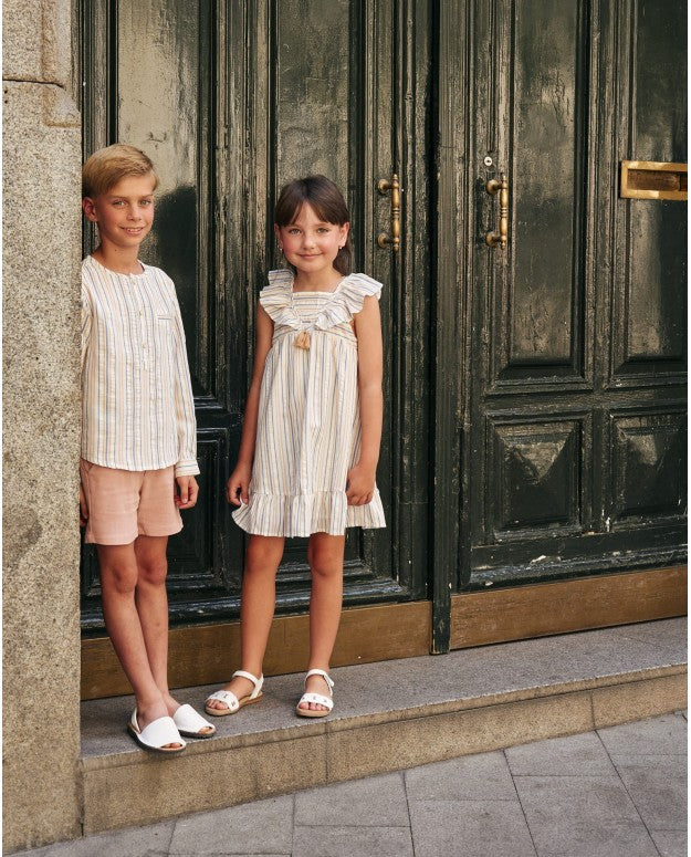 Vestido niña rayado coral, azulino y blanco