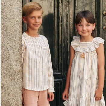 Camisa niño rayado coral, azulino y blanco