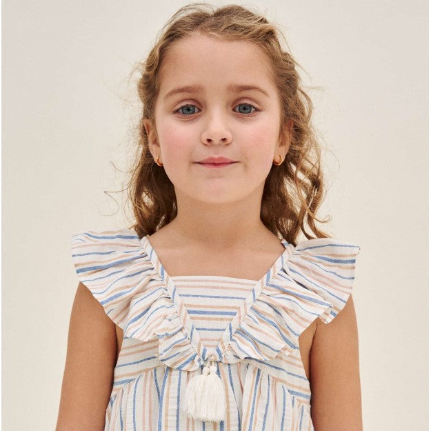 Vestido niña rayado coral, azulino y blanco