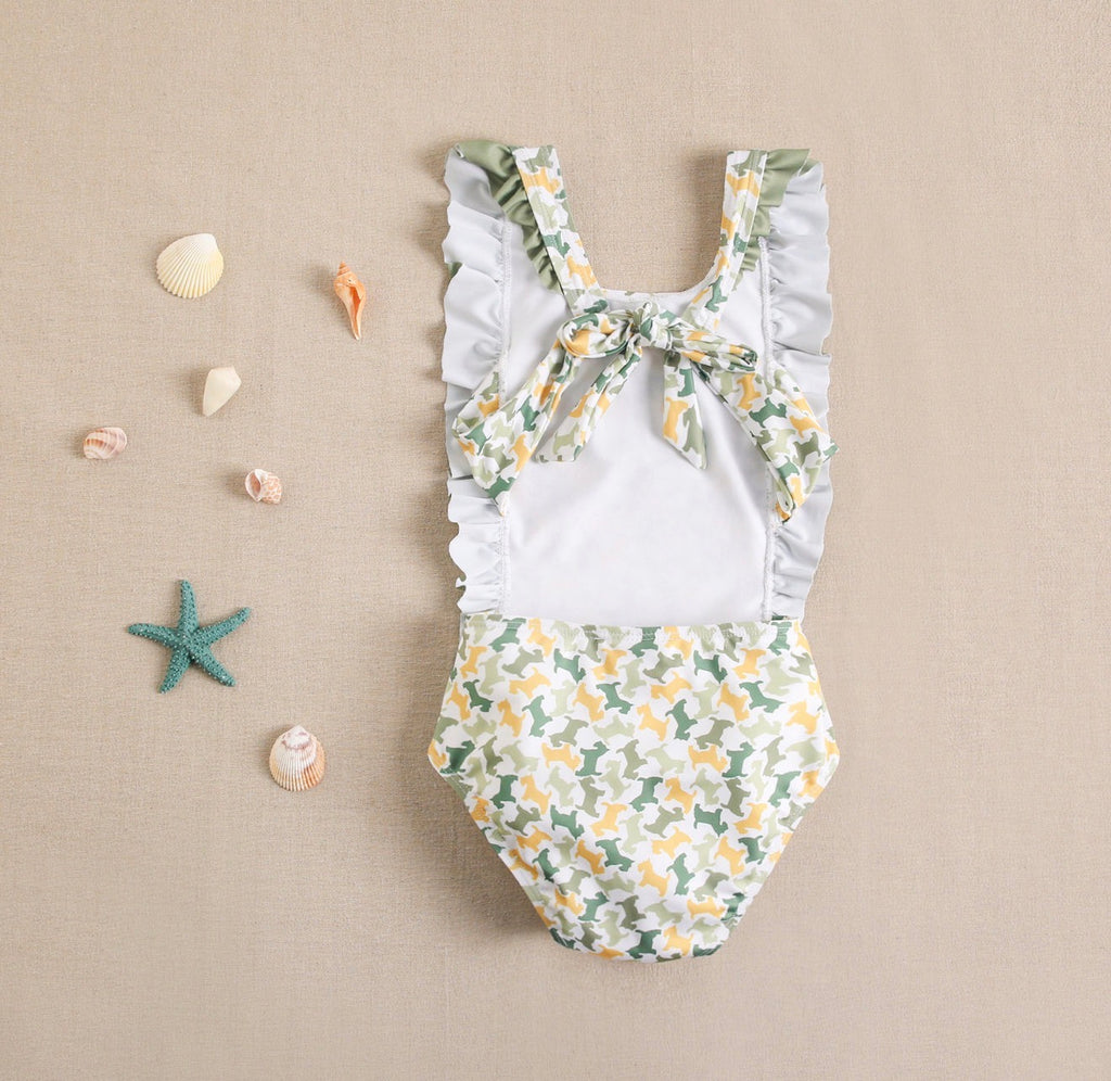 Traje de baño niña con perritos verdes