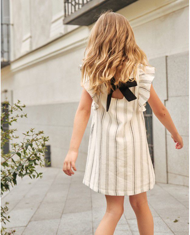 Vestido niña blanco con rayas negras y lazo negro