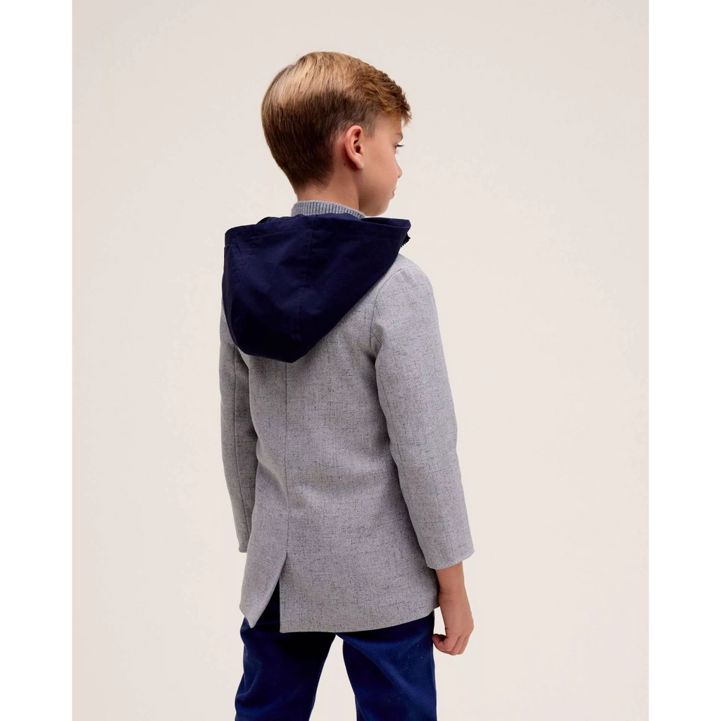 Abrigo de niño estilo americana gris jaspeado con capucha