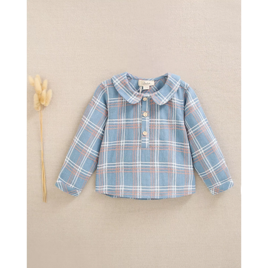 Camisa de bebé niño azul con detalles naranjas