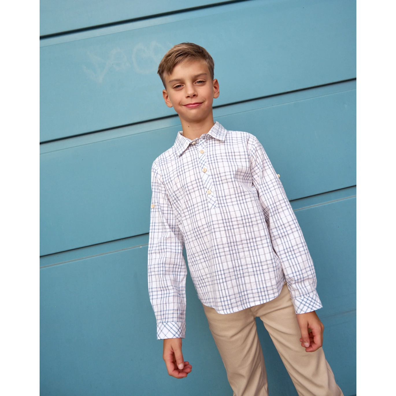 Camisa de niño de cuadros azul y blanco