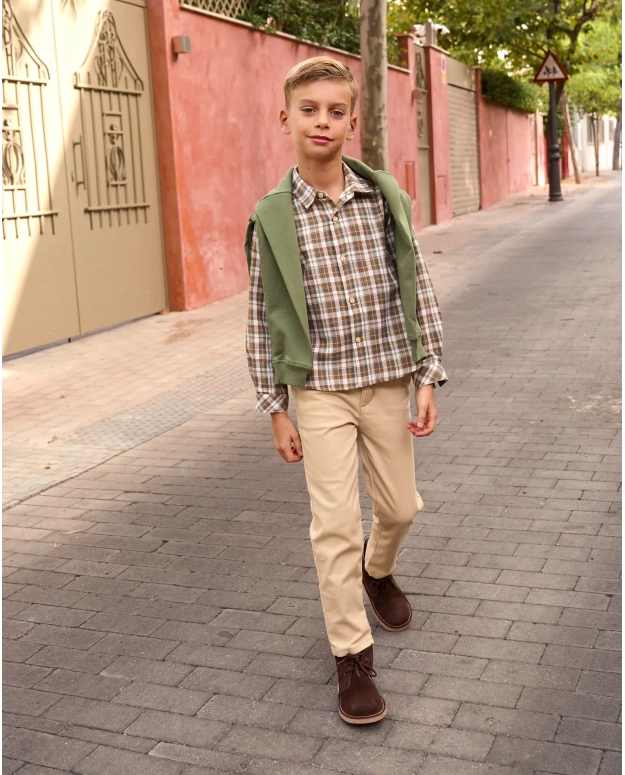 Camisa de niño de cuadros marrón y verde
