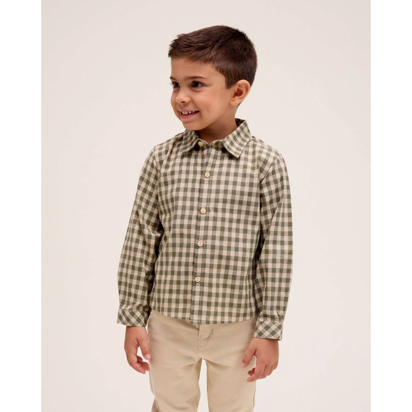Camisa de niño de cuadros vichy en verde y beige