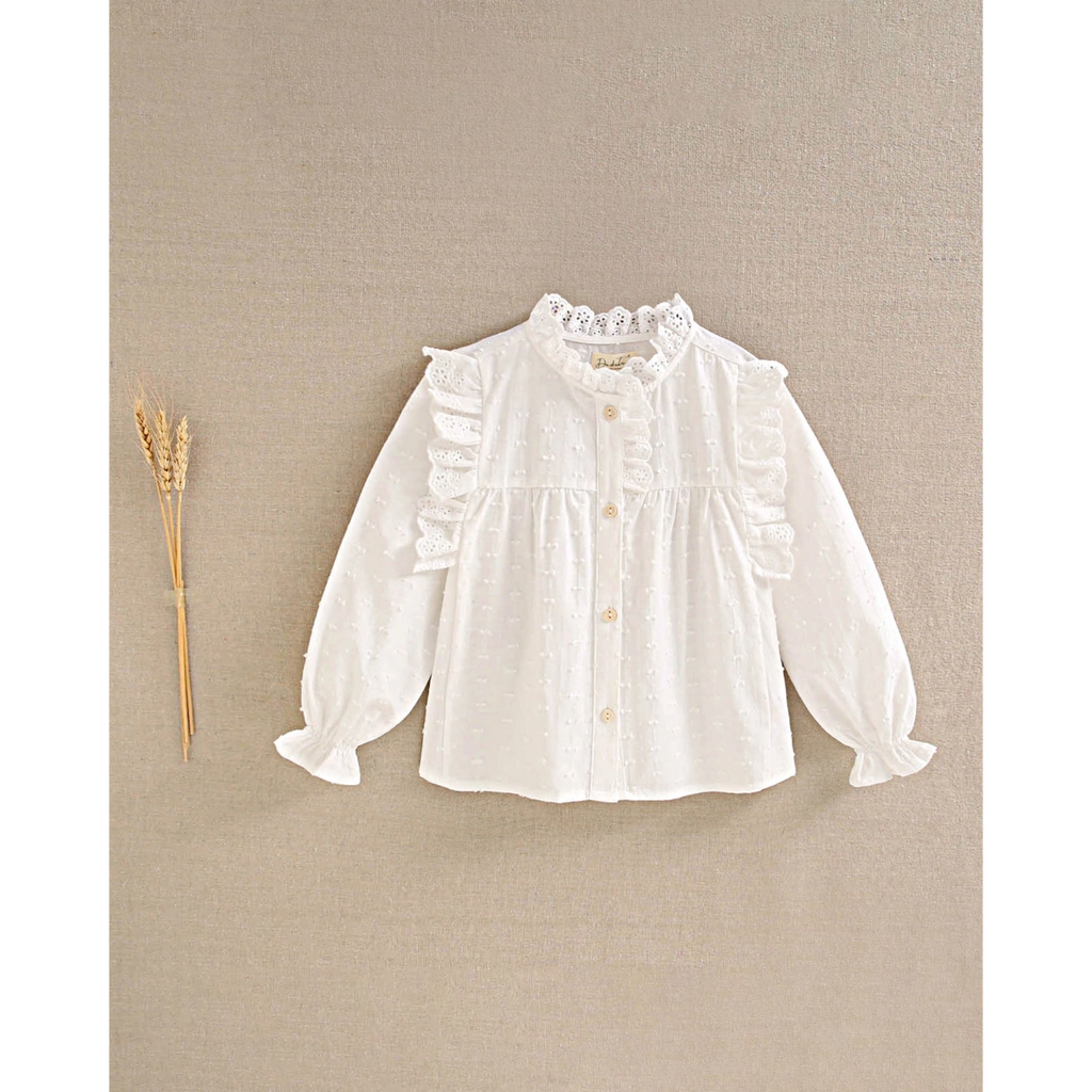Blusa manga larga de niña en blanco con puntilla