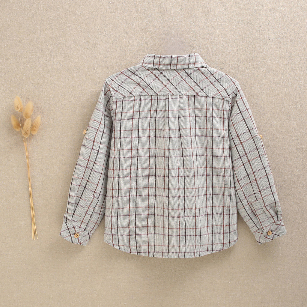 Camisa niño gris cuadros rojo, granate y marrón