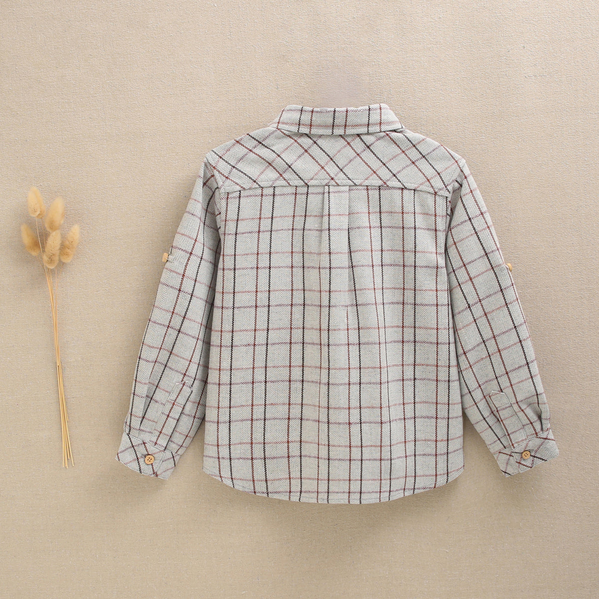 Camisa niño gris cuadros rojo, granate y marrón