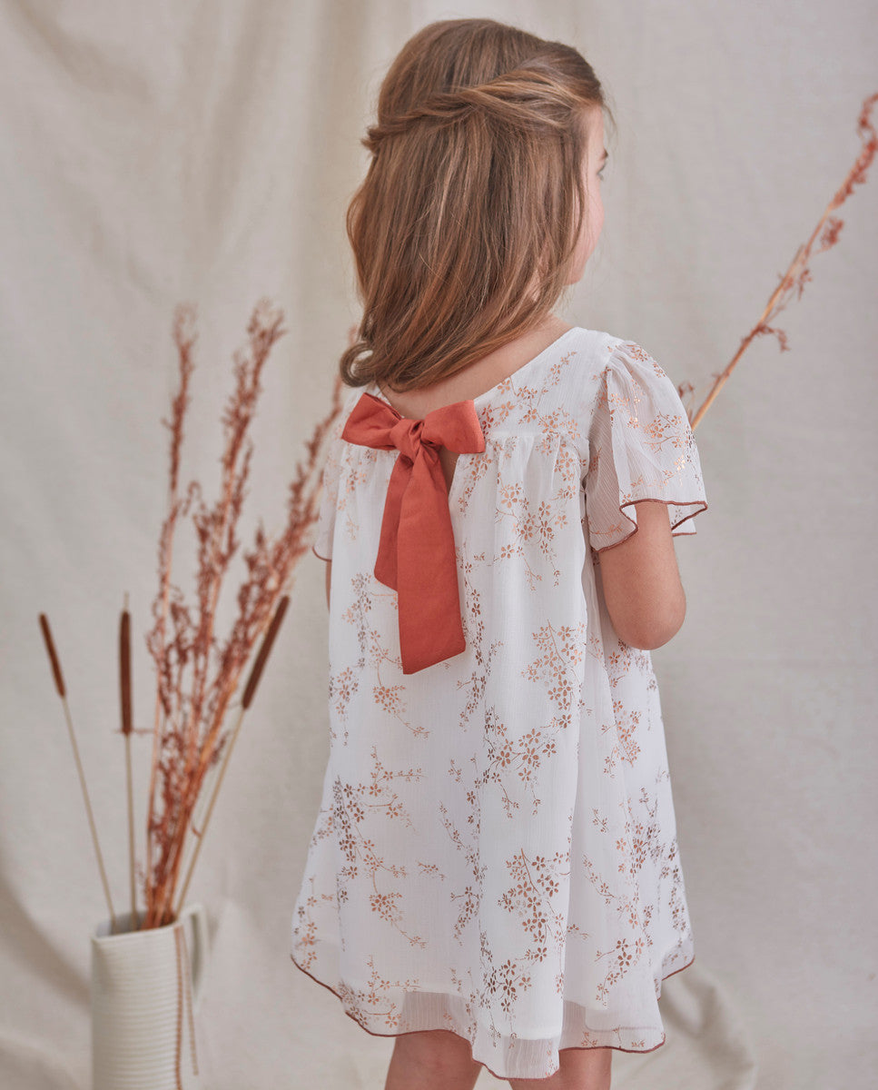 Vestido de niña en gasa con estampado en color cobre