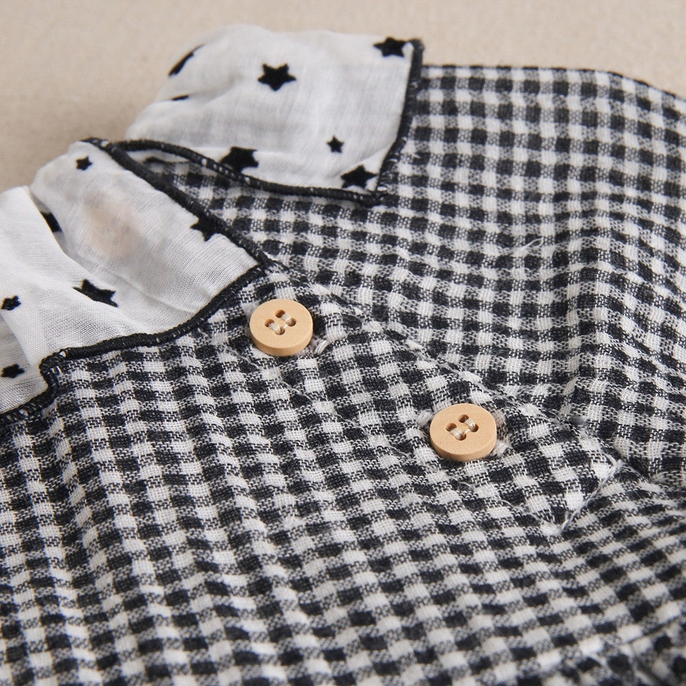 Vestido bebé niña cuadros vichy negro y blanco con cuello volante de estrellas