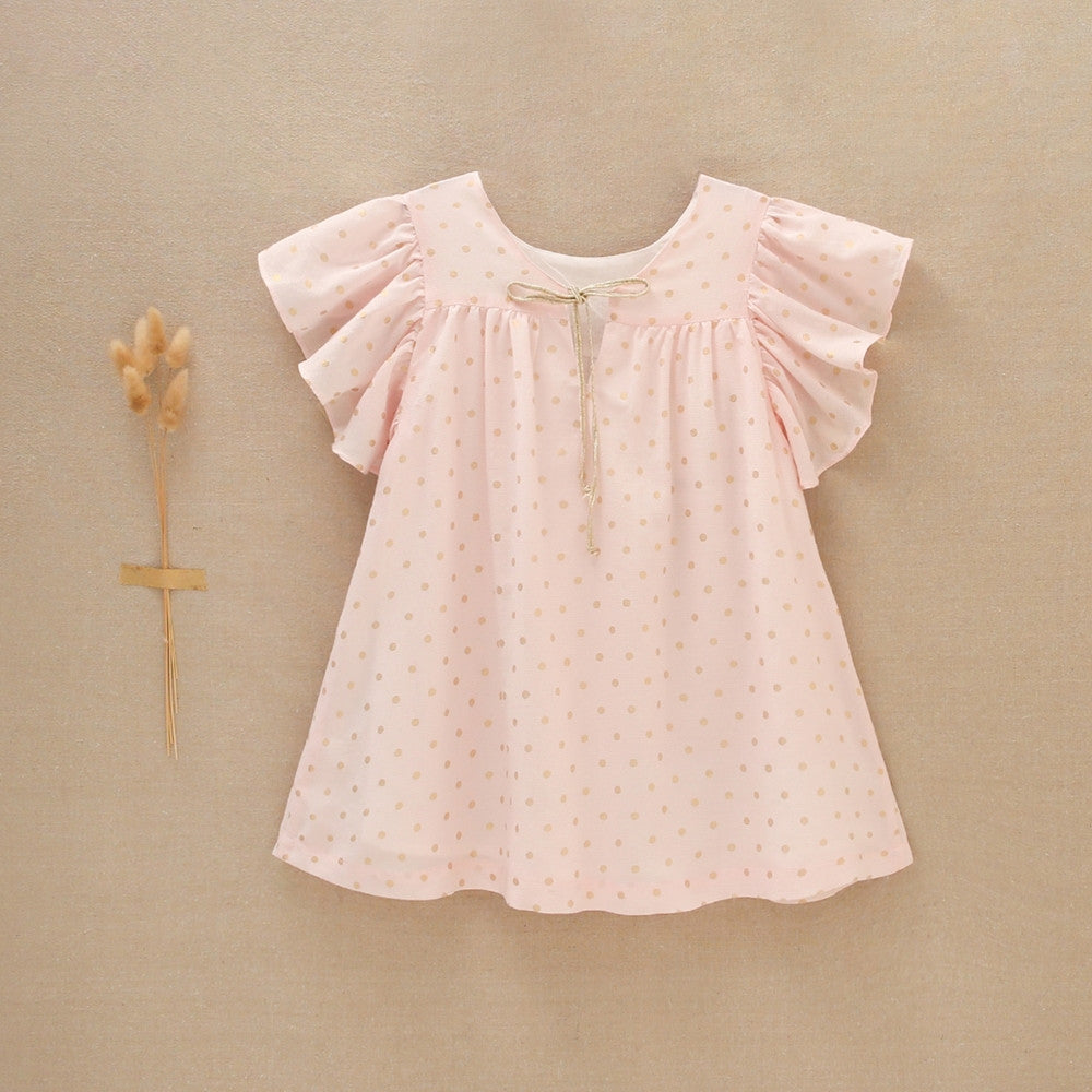 Vestido niña rosa con lunares dorados