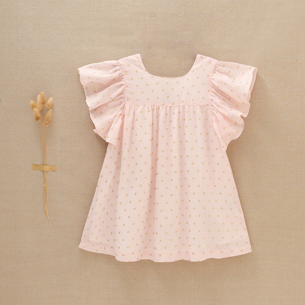 Vestido niña rosa con lunares dorados